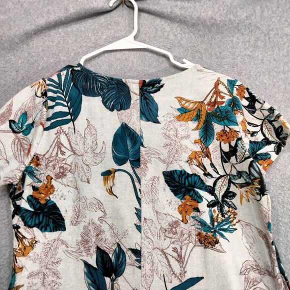 Yuguoguo Tshirt Mini Dress Womens Sz L Tan Teal Leaf Floral Print Short Sleeve - Picture 9 of 12